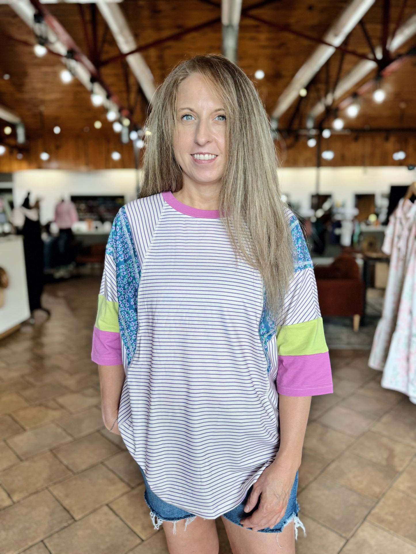 Purple Striped Contrast Block Top