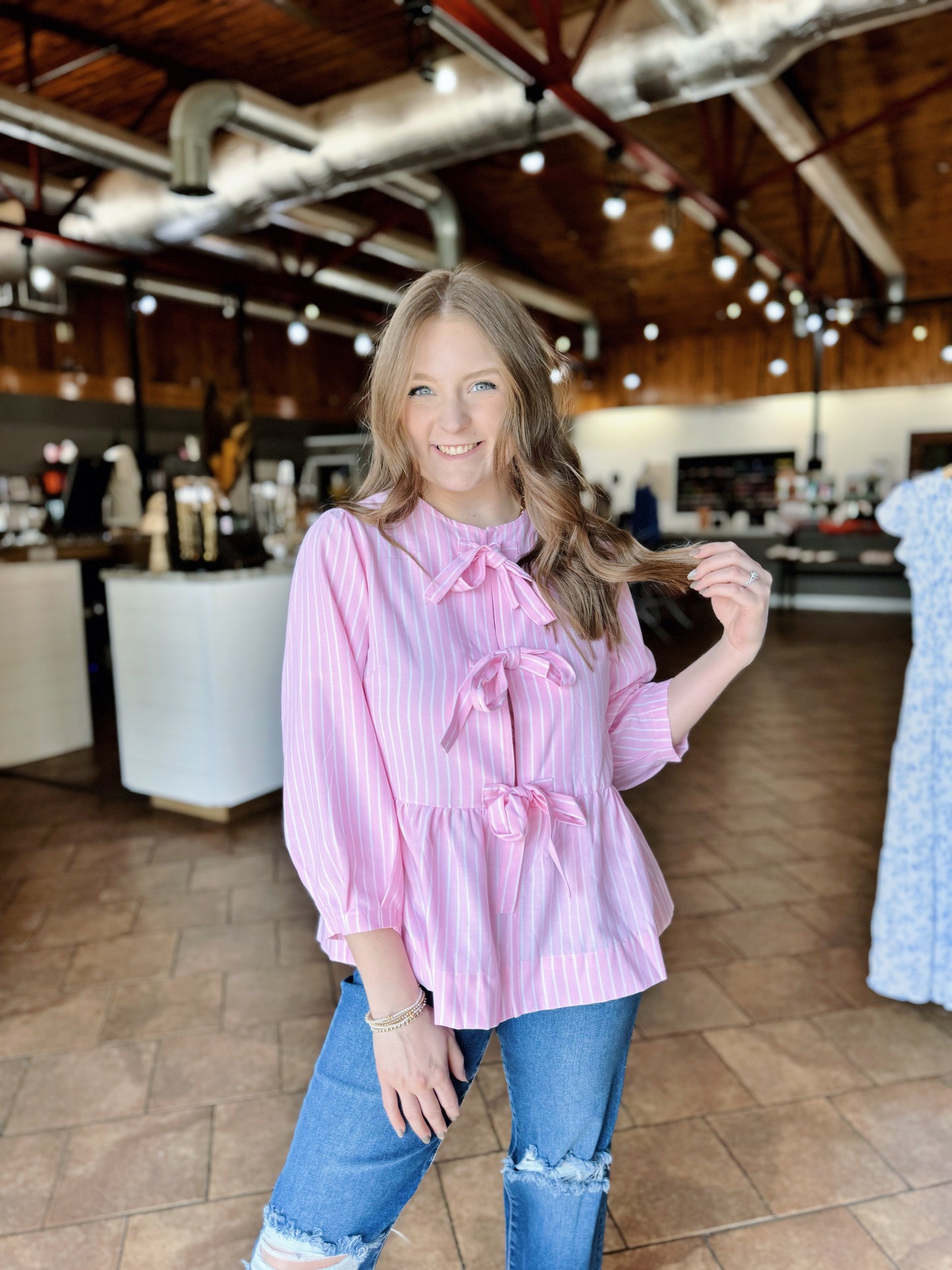 Pink Striped Bow Front Top