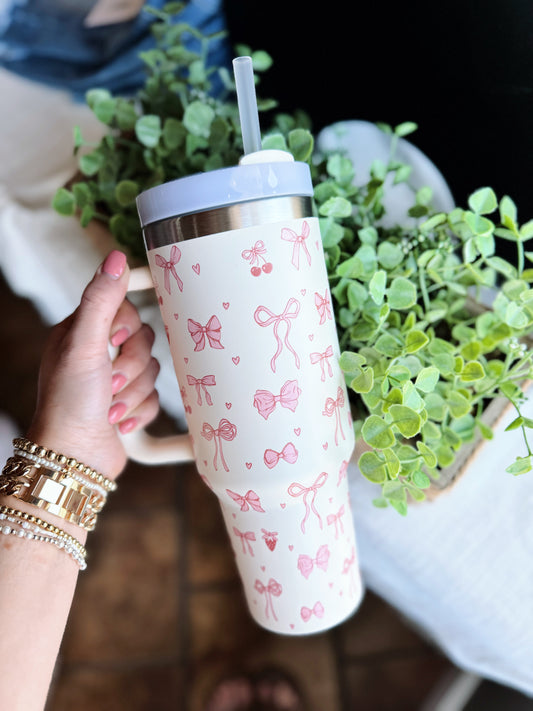 Cream Pink Cherry/Bow Tumbler