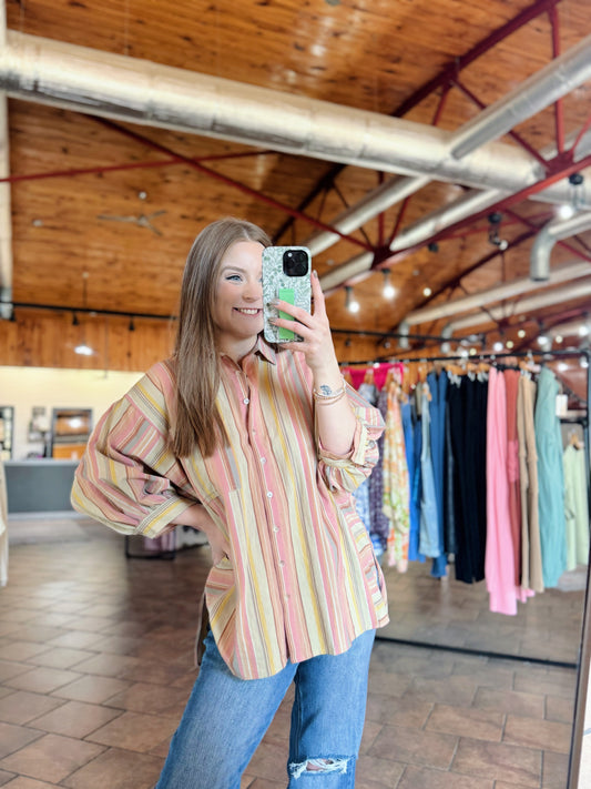 Pink Multi Striped Button Up Top