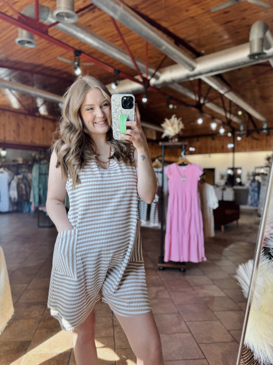 Taupe Striped Bold Pocket Romper
