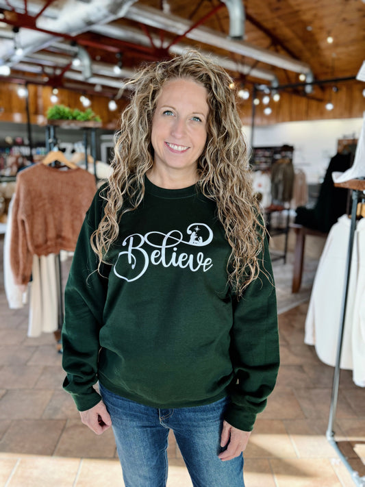 Hunter Green Believe Crewneck
