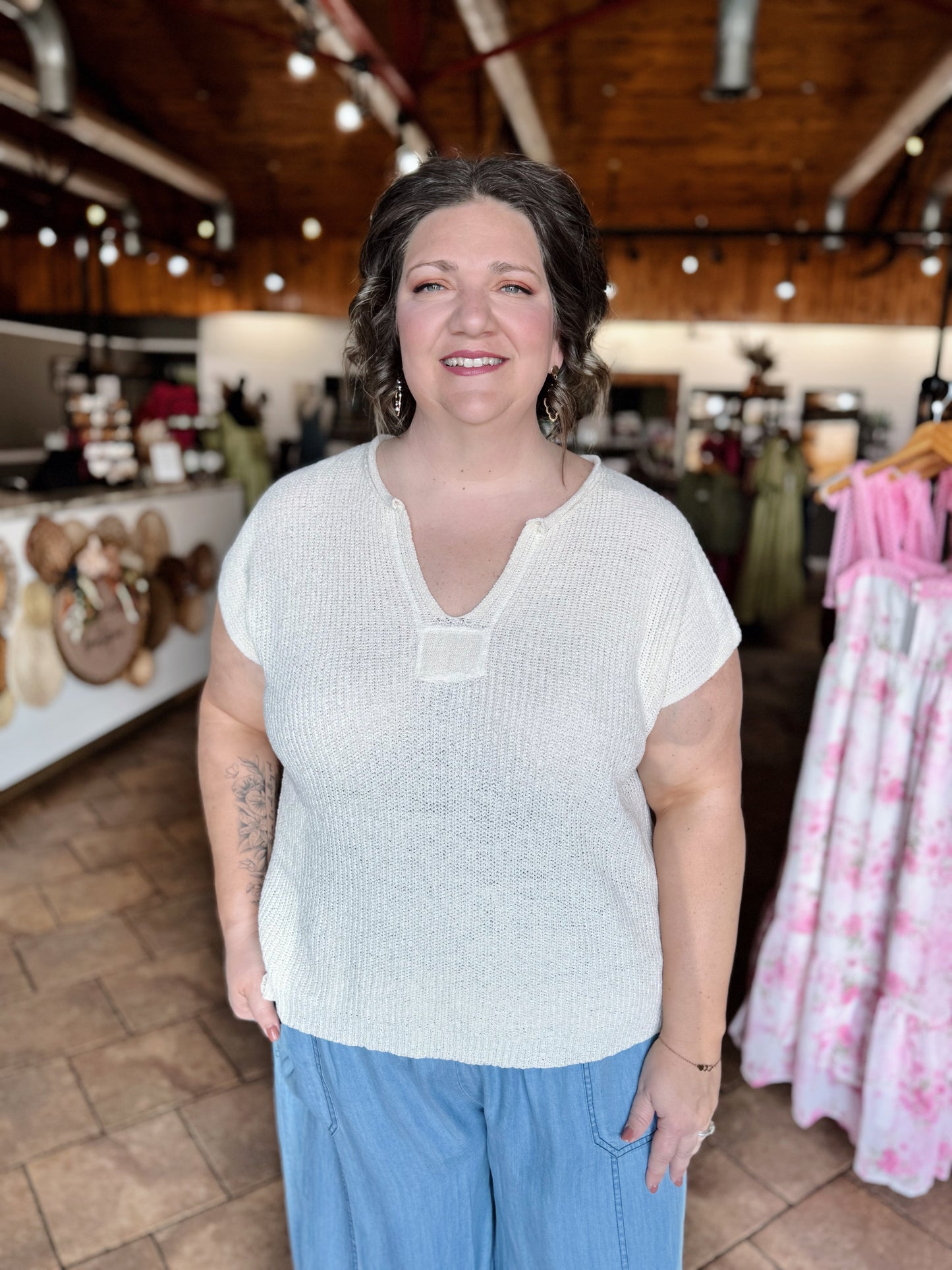 Curvy Cream Split Neck Sweater Knit Top