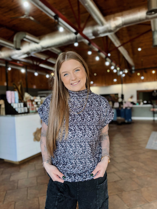 Gray Leopard Mock Neck Sweater Vest