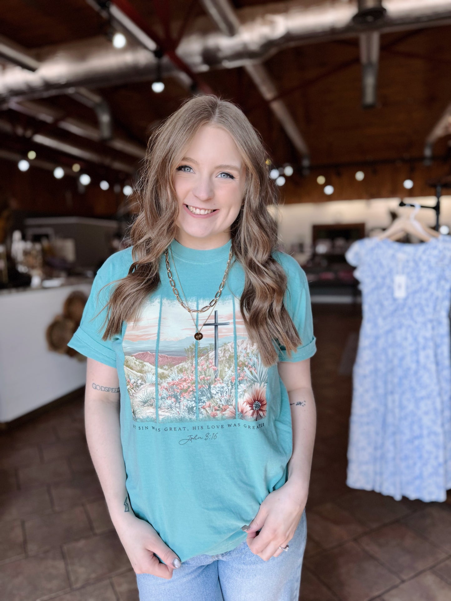 Seafoam Floral Cross Tee