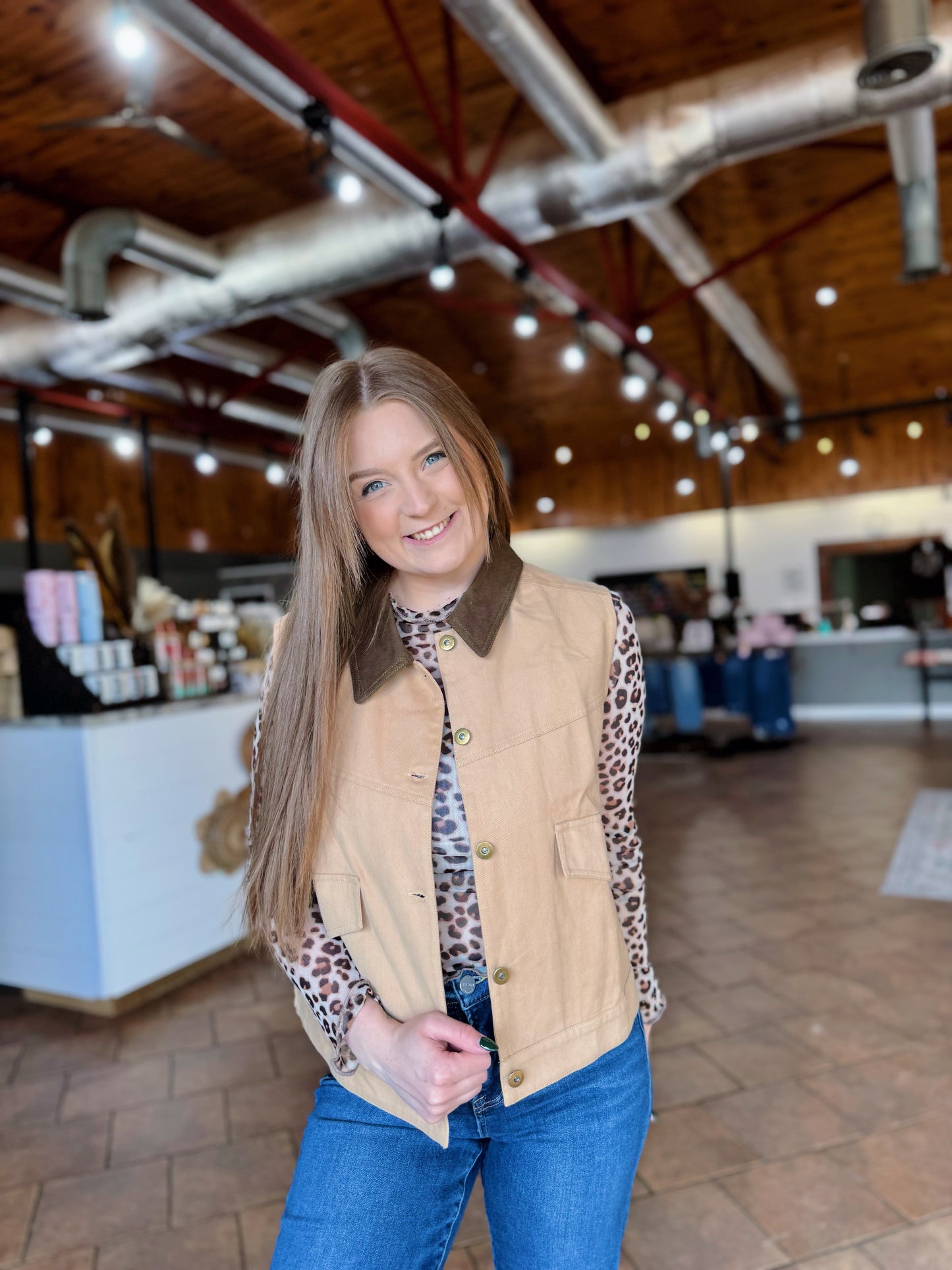 Tan Contrast Collared Vest