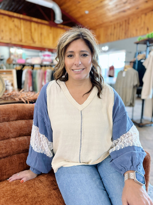 Denim Blue Out Stitched Cream Top