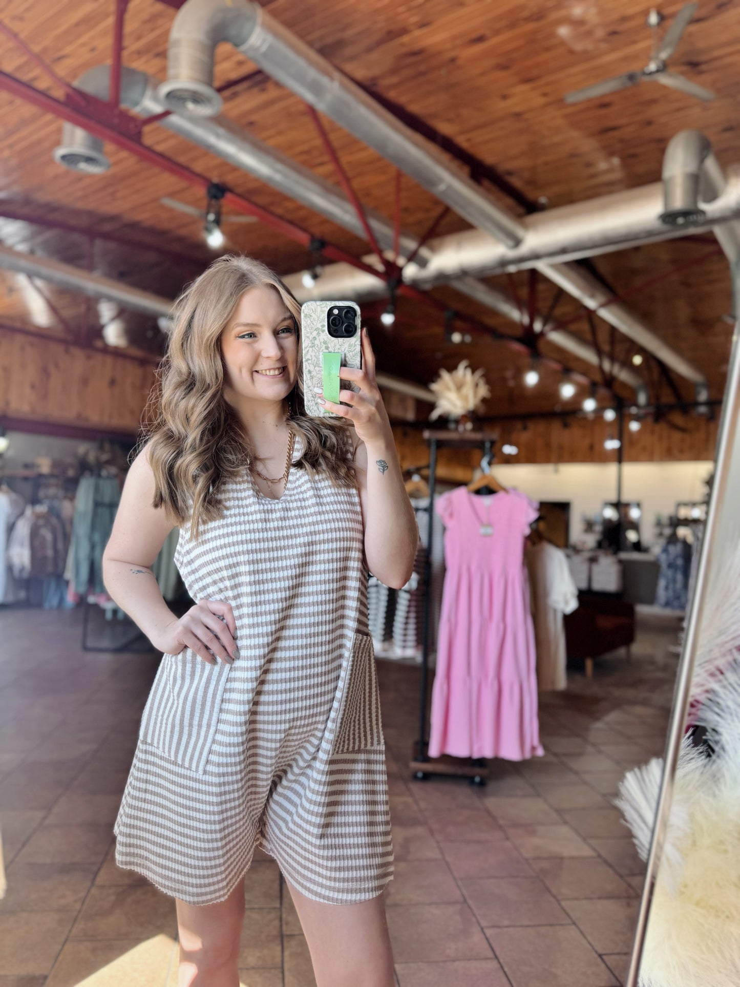Taupe Striped Bold Pocket Romper