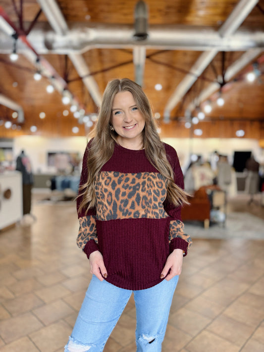 Burgundy Leopard Contrast Top