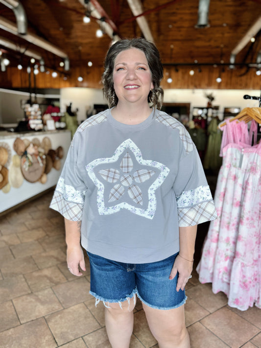 Curvy Gray Patchwork Plaid Detail Top