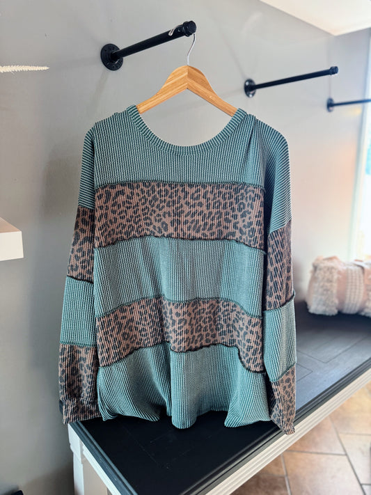 Curvy Olive Ribbed Leopard Contrast Top