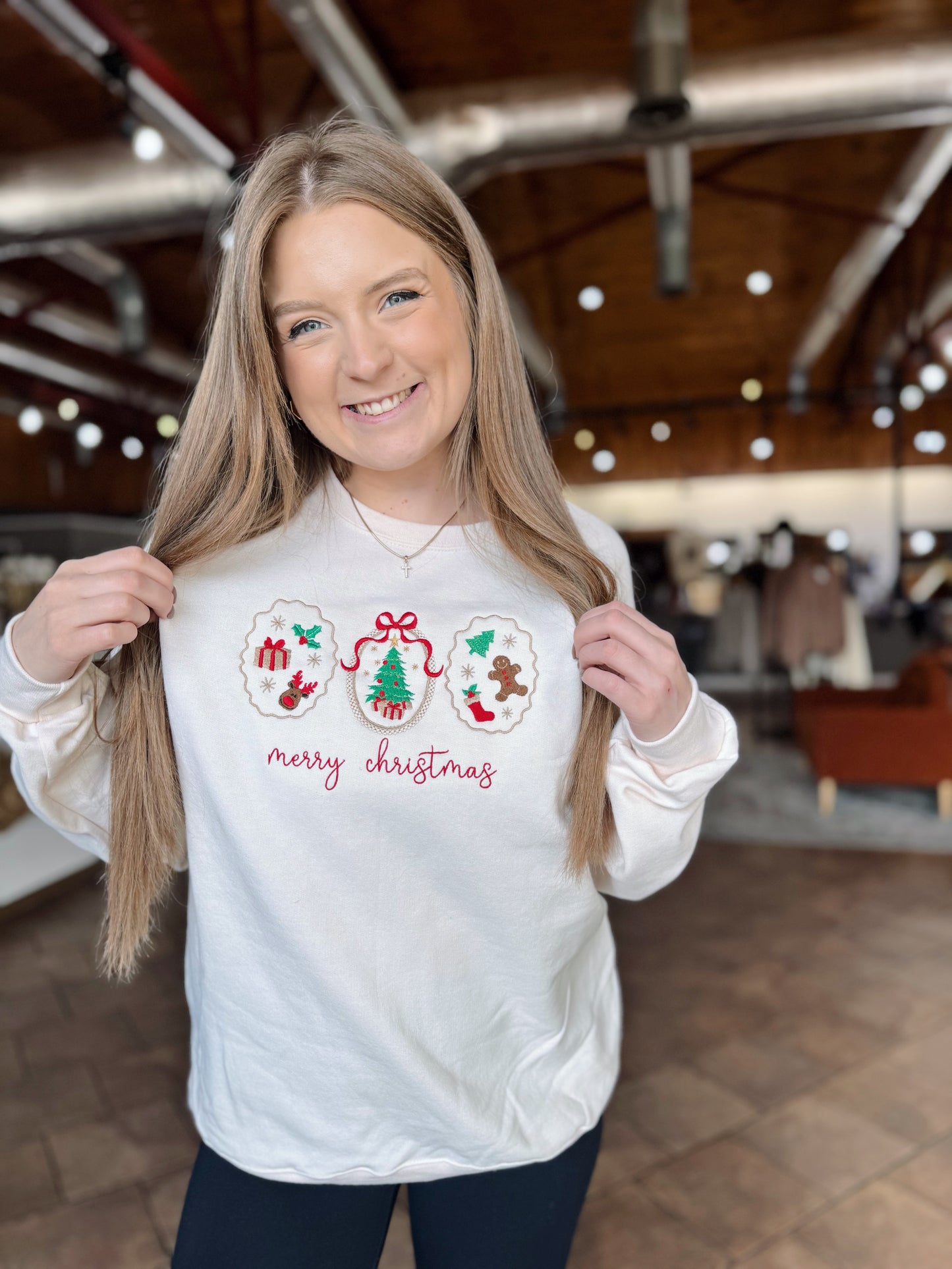 Cream Embroidered Christmas Crewneck