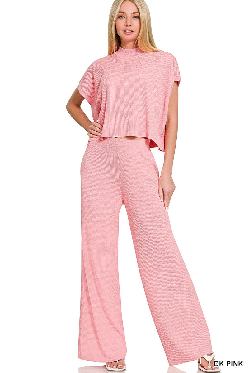 Pink Ribbed Wide Leg Pants