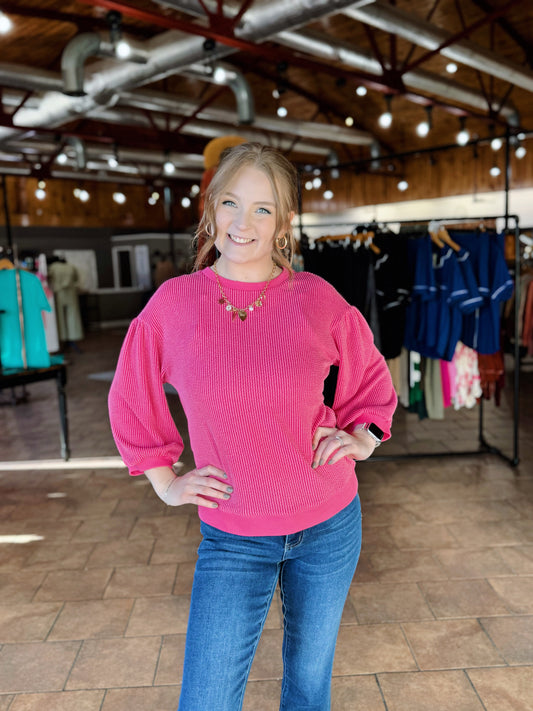 Pink Ribbed Drop Shoulder Top