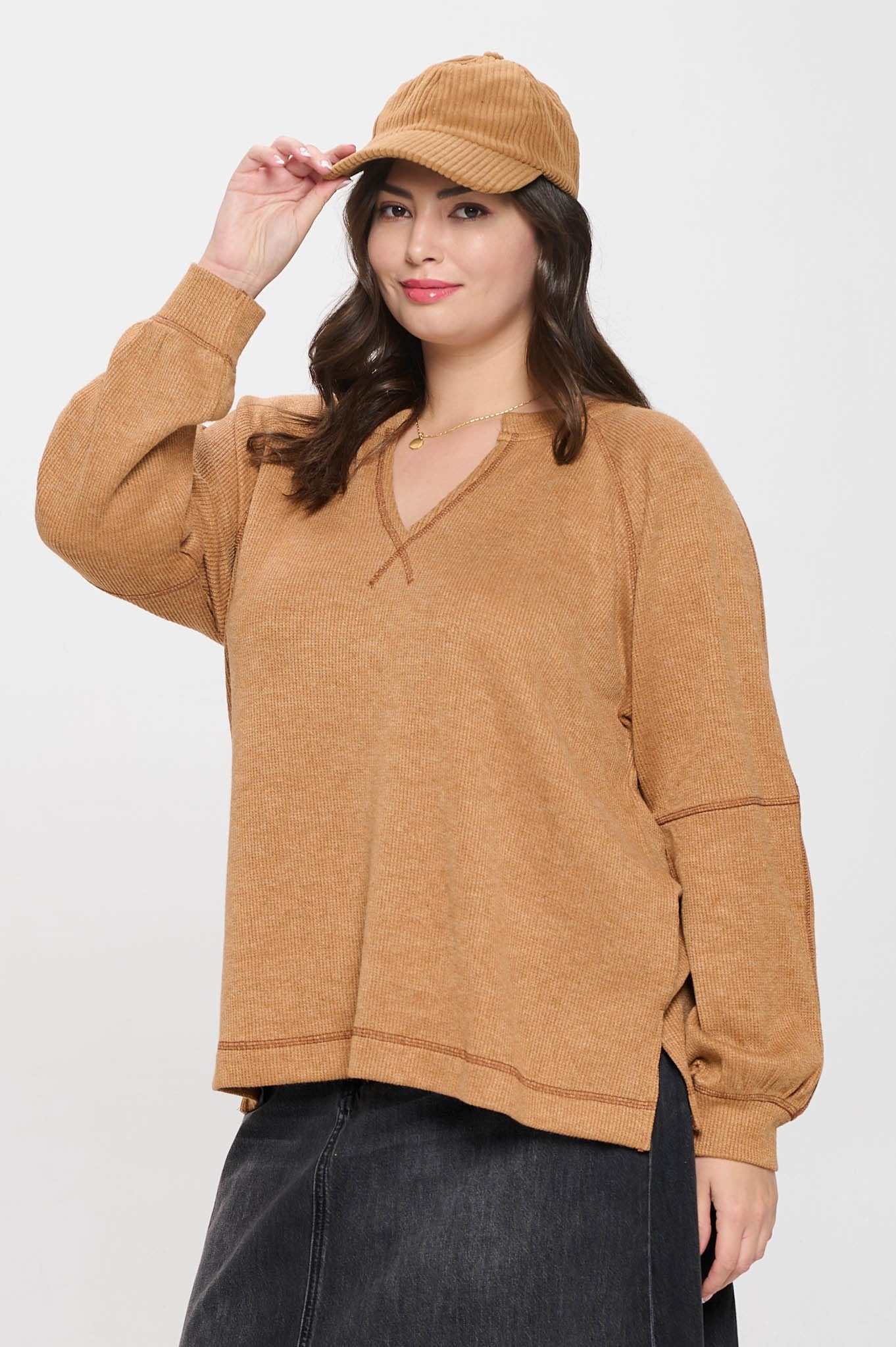Curvy Camel Ribbed Notched Top