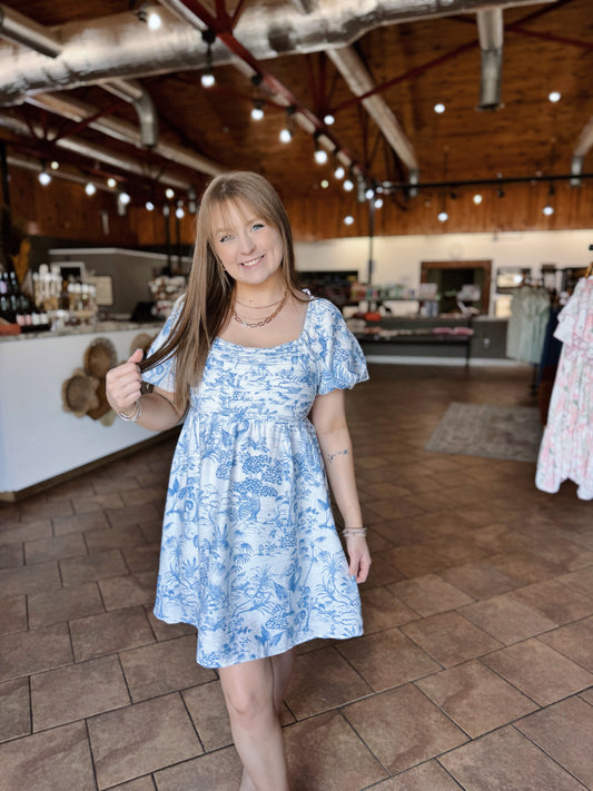 Blue Botanical Print Dress