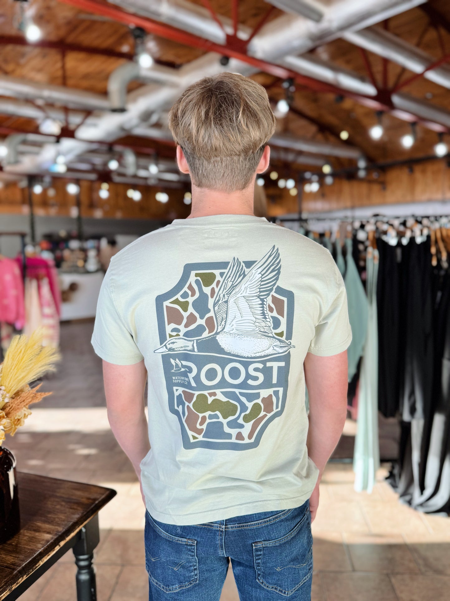 Roost Pale Green Camo Shield Tee