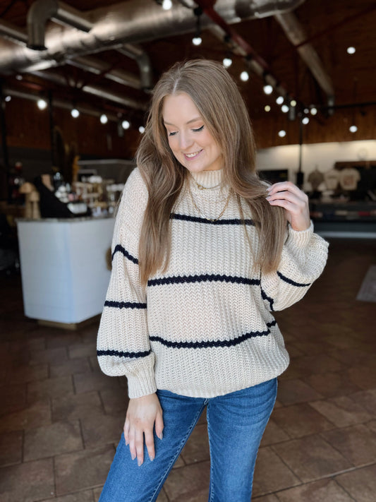 Taupe Mock Neck Navy Striped Sweater