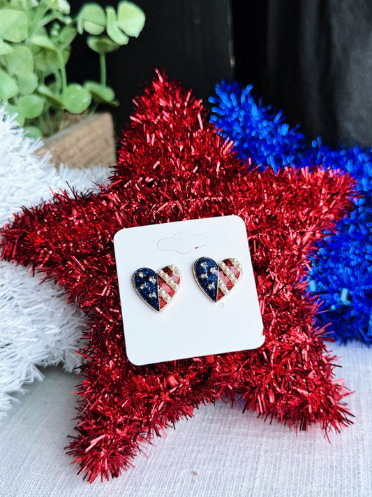 Patriotic Pearl Heart Stud Earrings