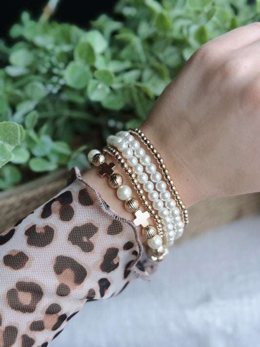 Gold Cross Pearl Mix Bracelet Set