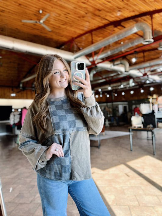 Vintage Olive Checkered Color Block Top