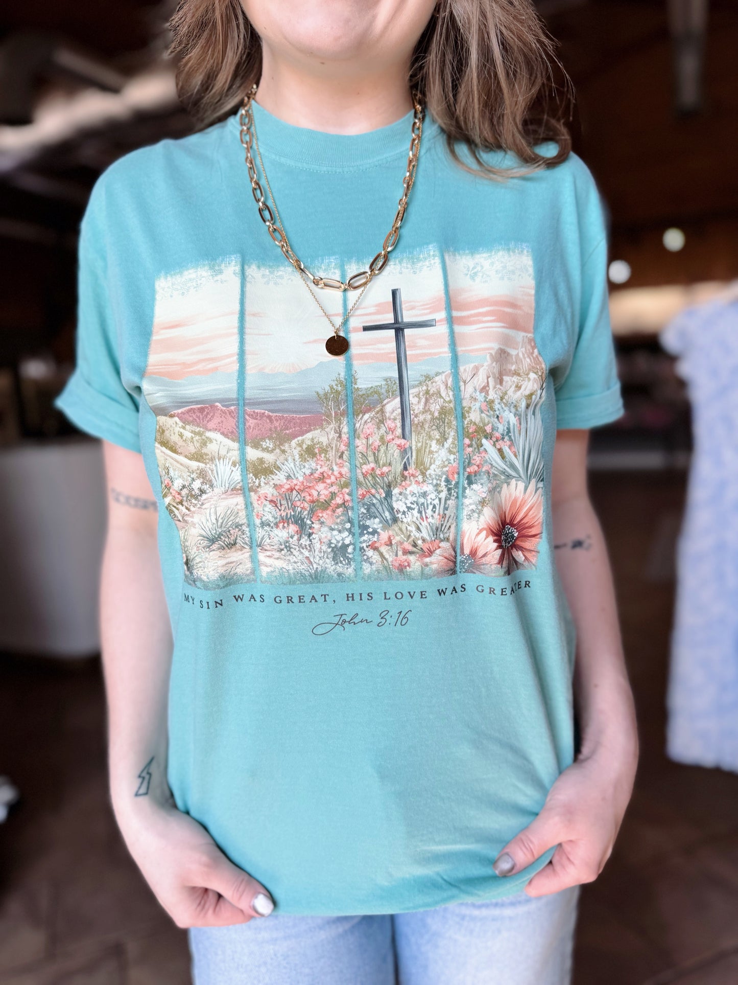 Seafoam Floral Cross Tee