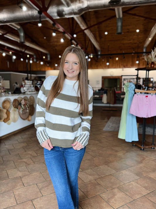 Olive Contrast Striped Sweater