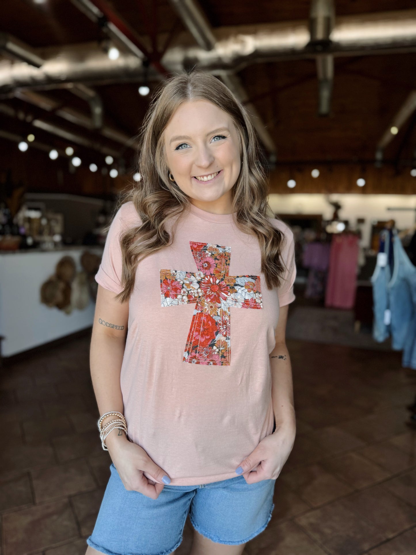 Pink Floral Cross Patchwork Tee
