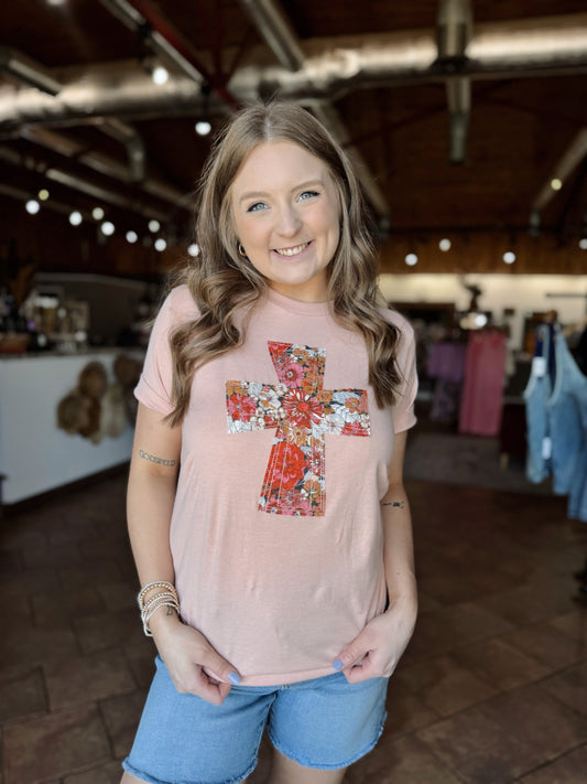 Pink Floral Cross Patchwork Tee
