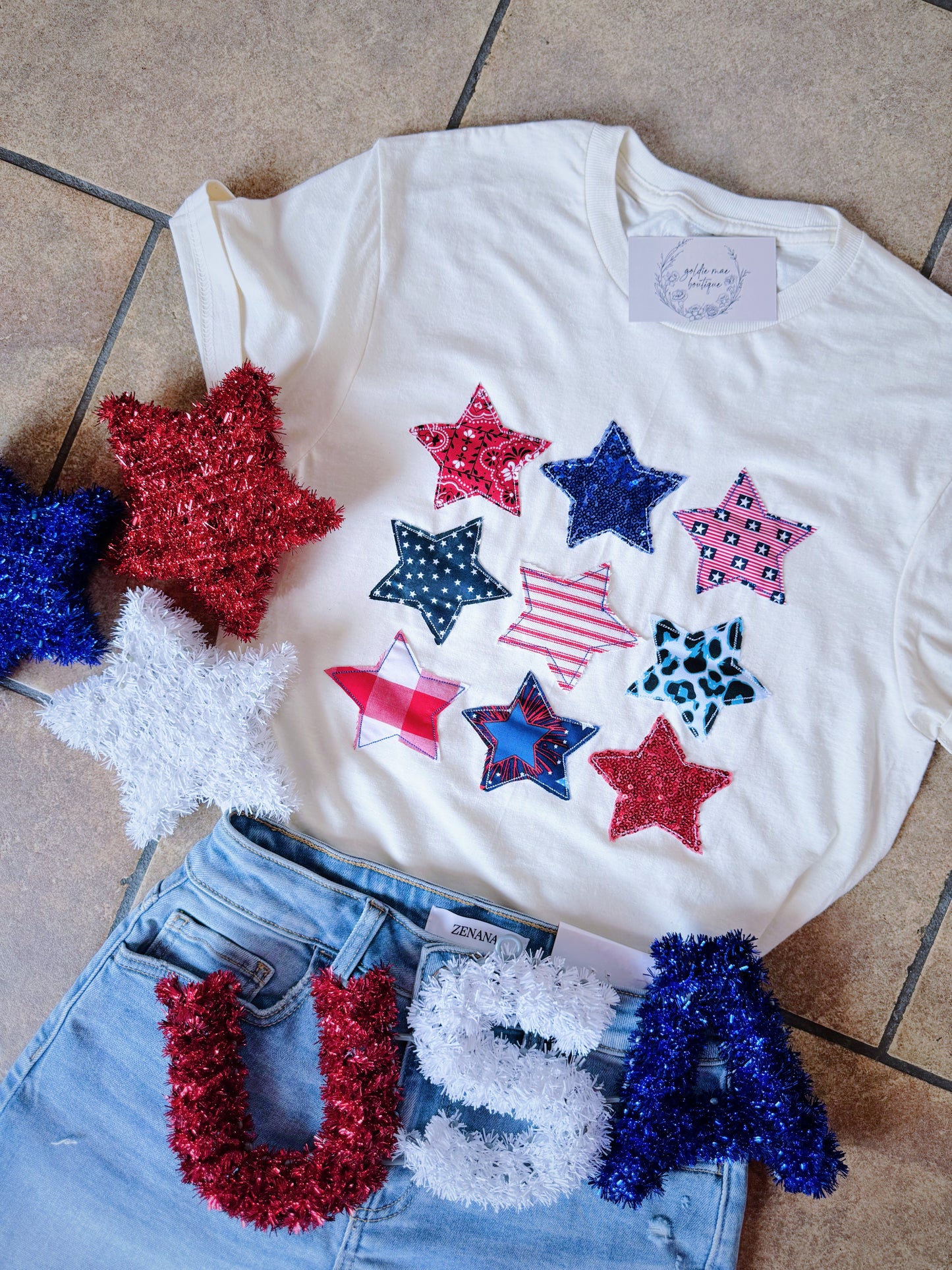 Cream Patriotic Star Embroidered Tee
