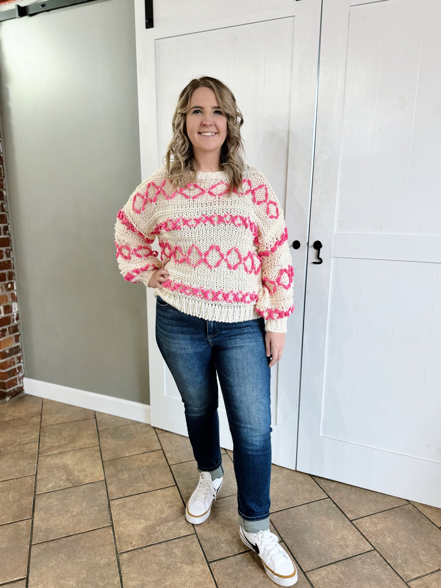Cream Neon Pink Threaded Crocheted Top