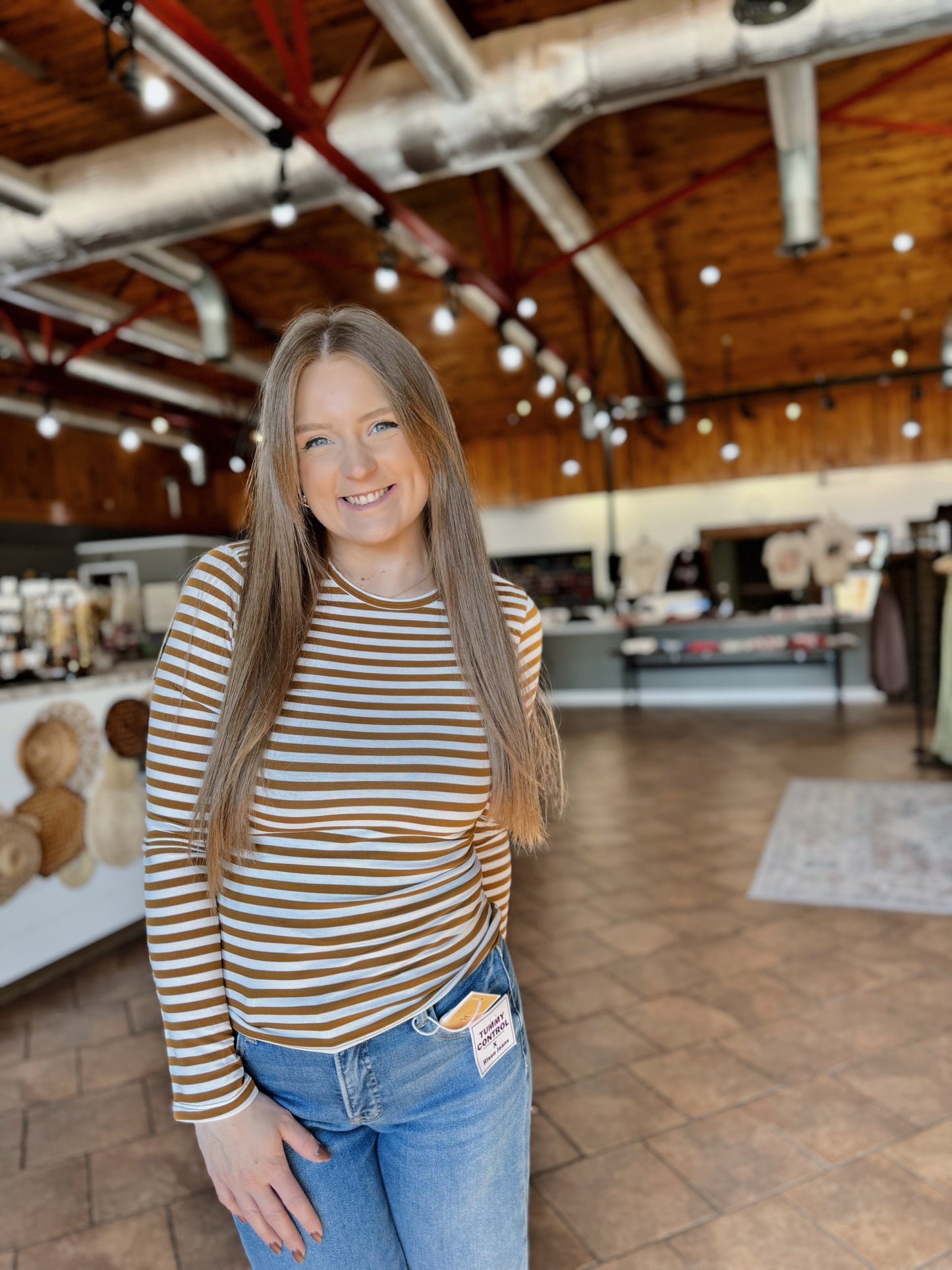 Camel Striped Long Sleeve Top