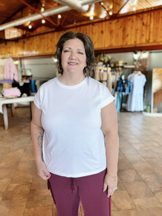 Curvy White Cuffed Sleeve Basic Tee