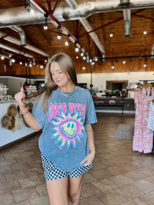 Gray Mineral Wash Good Vibes Tee