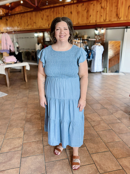 Curvy Chambray Smocked Midi Dress
