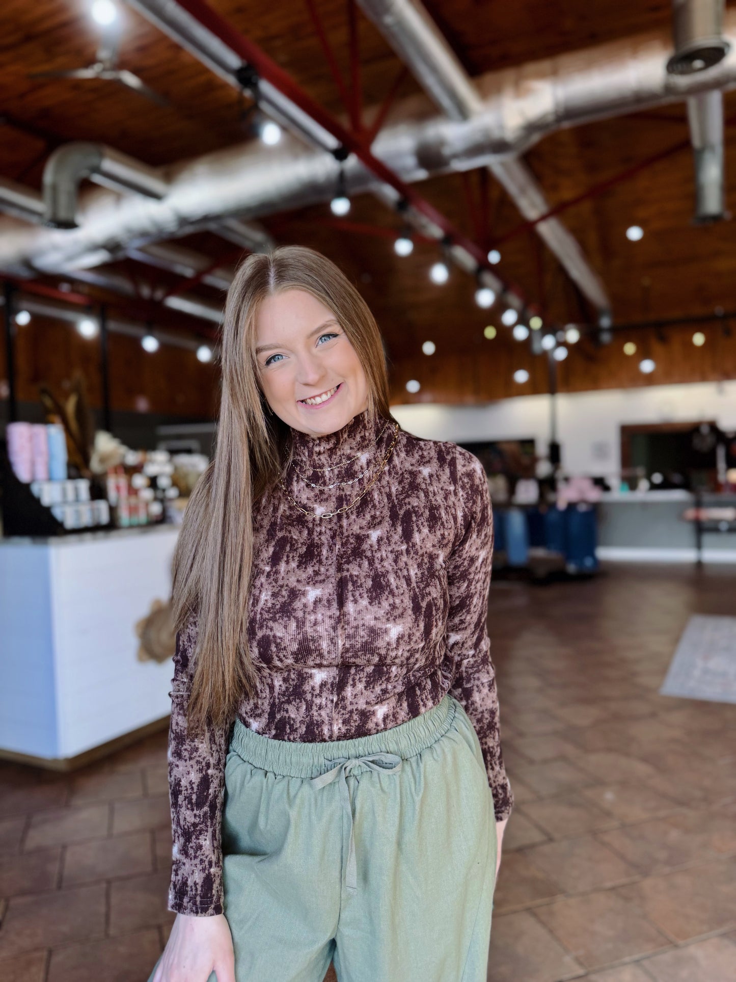 Brown Patterned Mock Neck Top