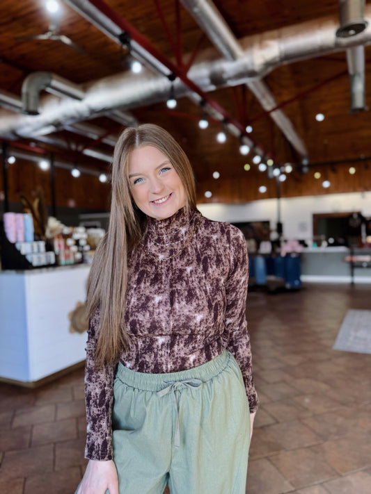 Brown Patterned Mock Neck Top