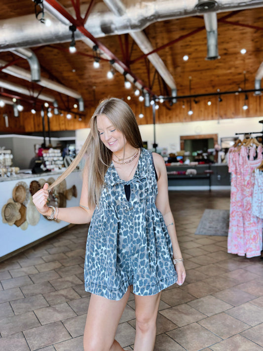 Leopard Denim Pleated Romper