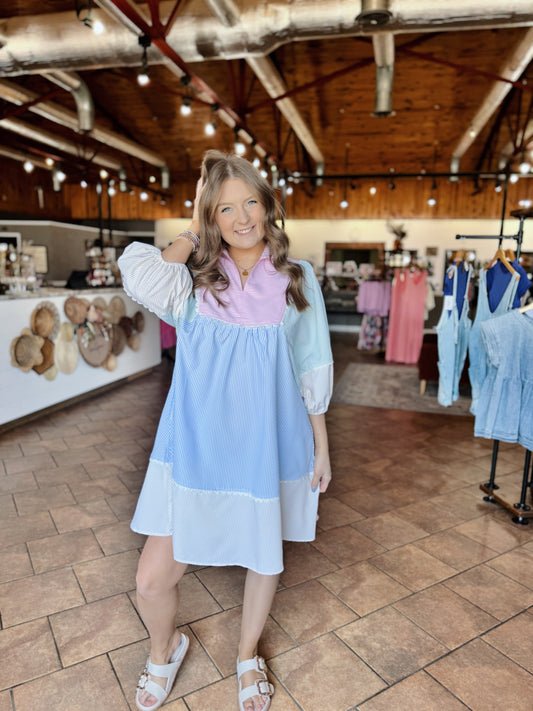Pastel Color Block Puff Sleeve Dress