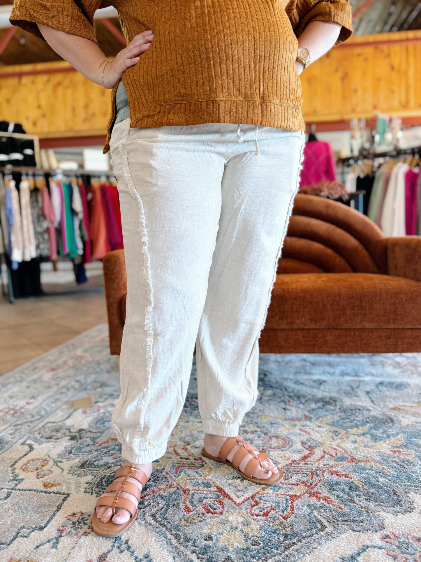 Curvy Oatmeal Frayed Edge Joggers