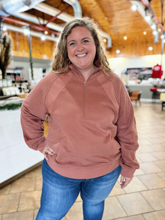 Curvy Mauve Mixed Material Quarter Zip Top
