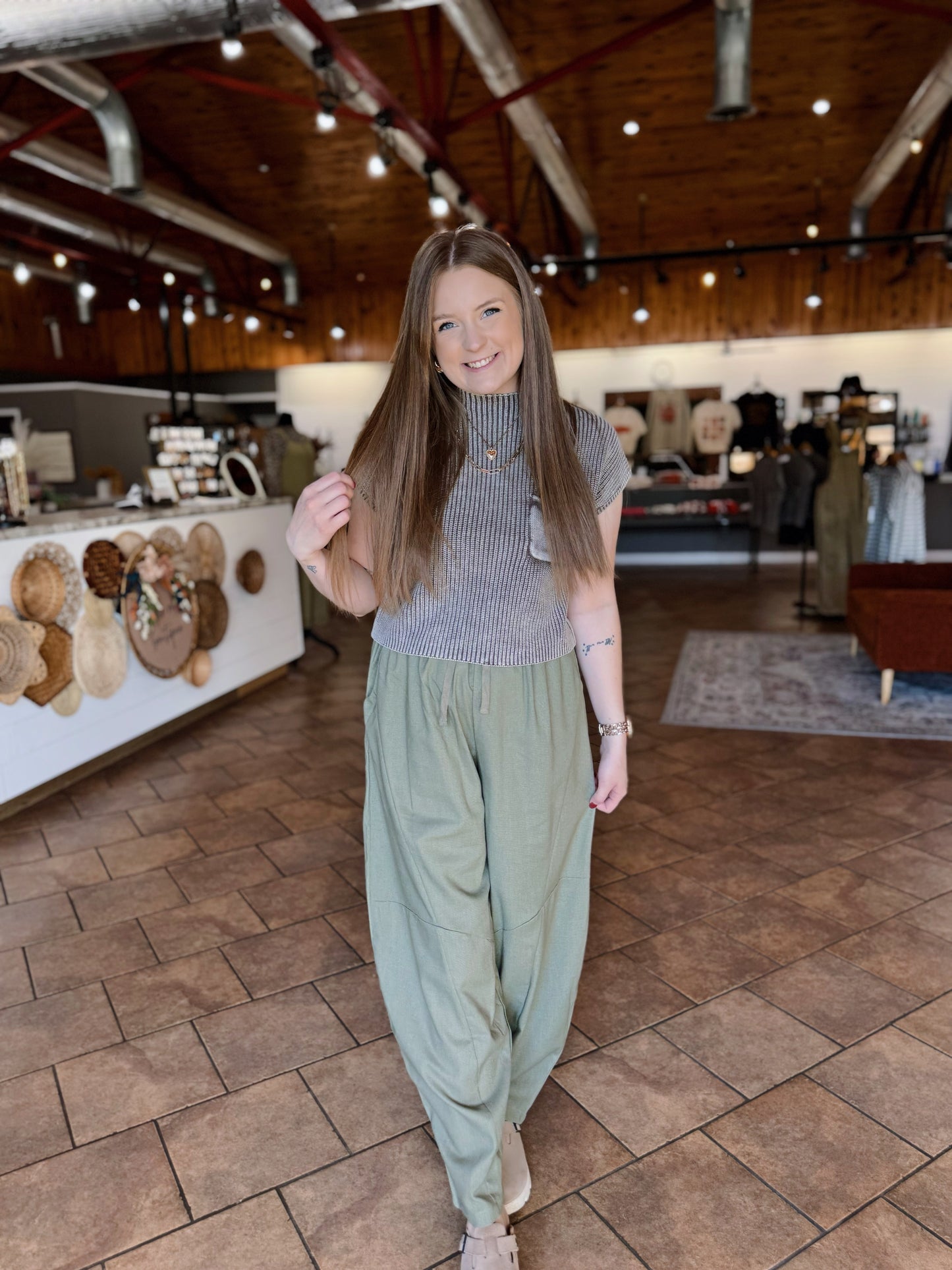 Olive Woven Barrel Pants