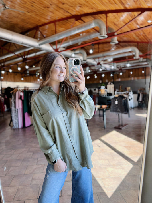 Curvy Olive Oversized Linen Button up Top