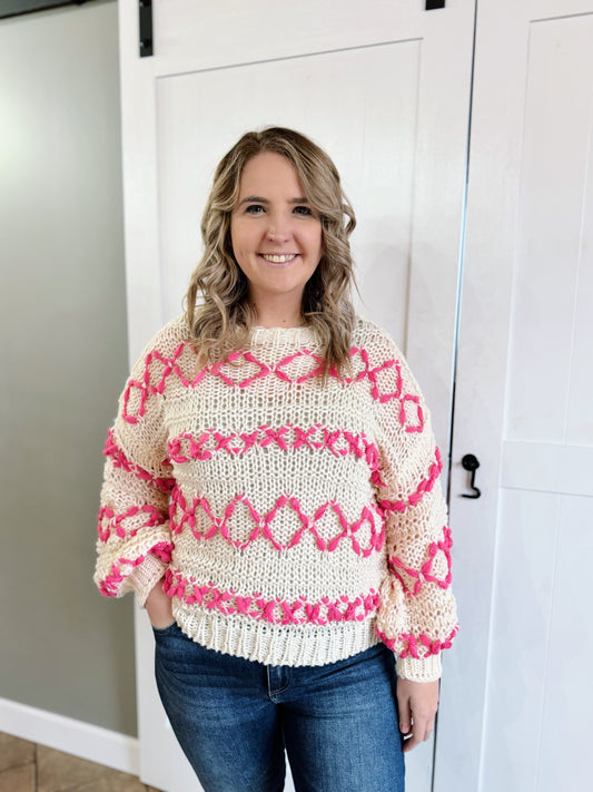 Cream Neon Pink Threaded Crocheted Top