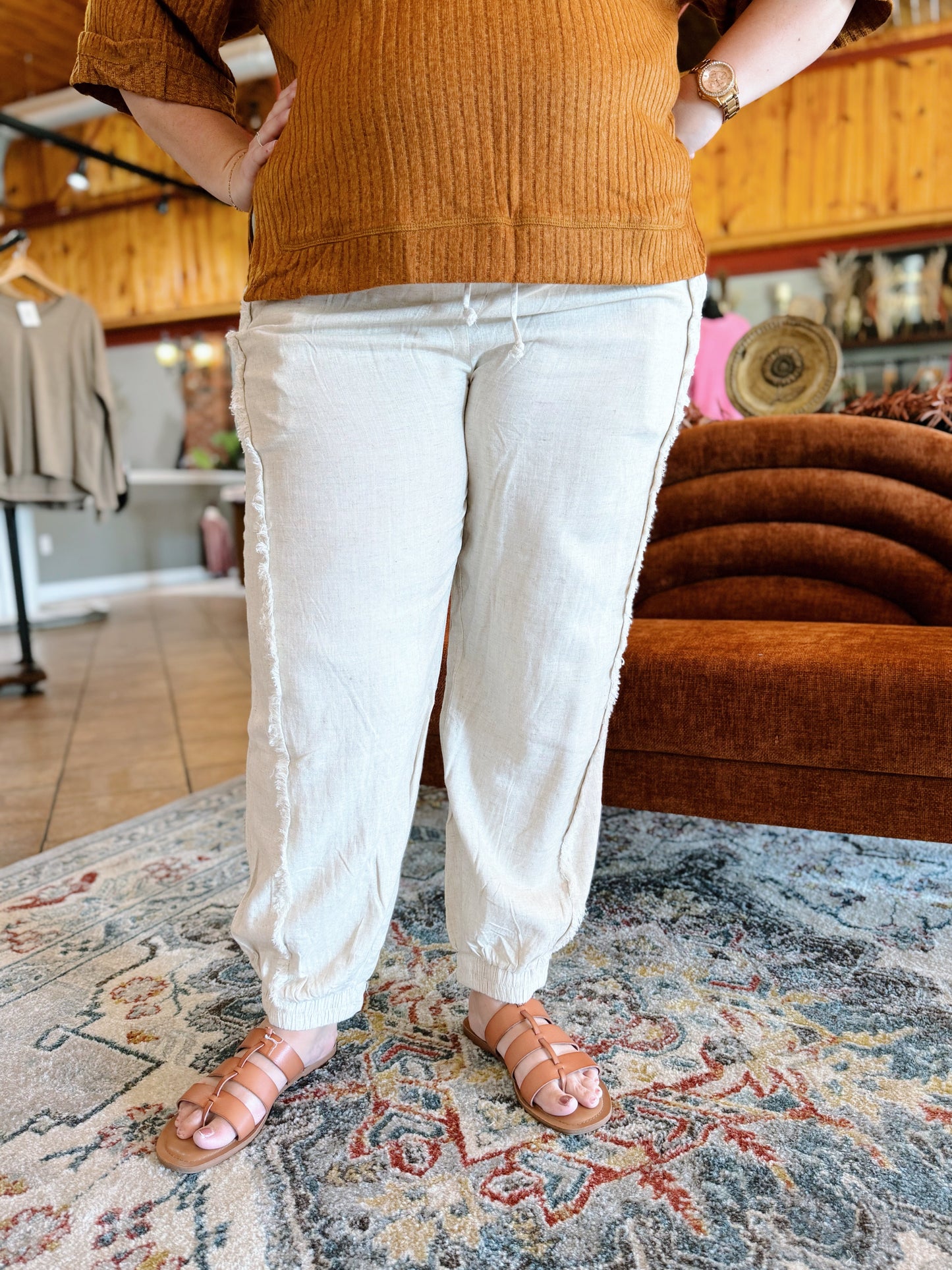 Curvy Oatmeal Frayed Edge Joggers