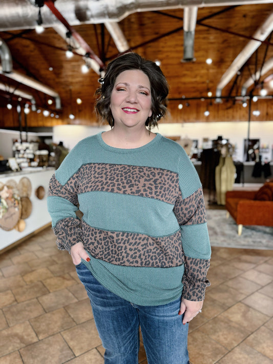 Curvy Olive Ribbed Leopard Contrast Top
