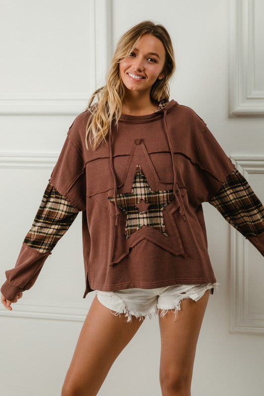 Brown Plaid Detail Star Hoodie