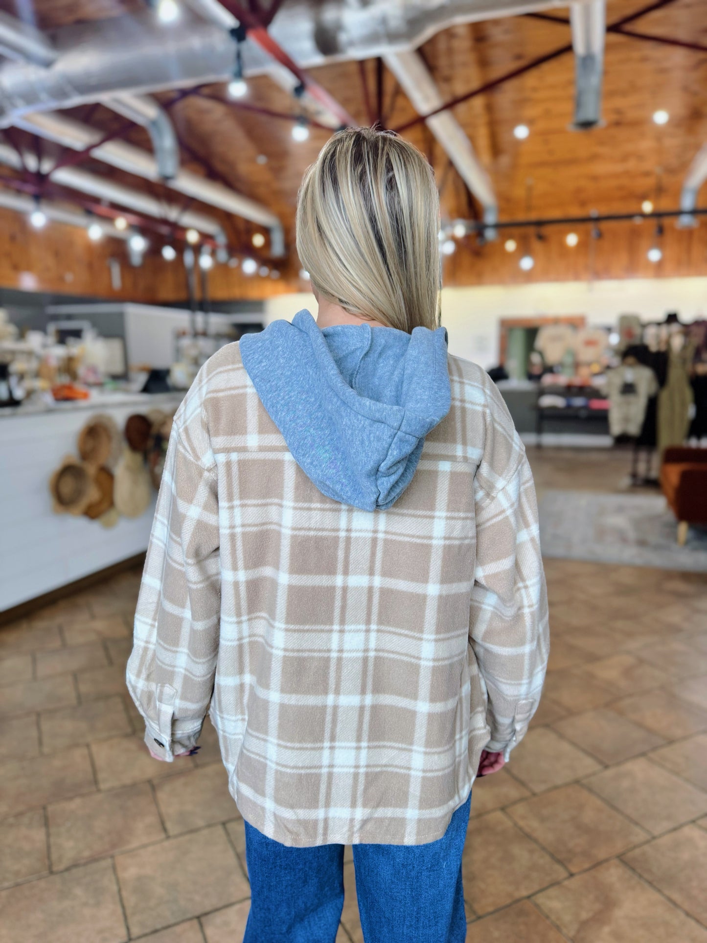 Mocha Plaid Fleece Hooded Shacket