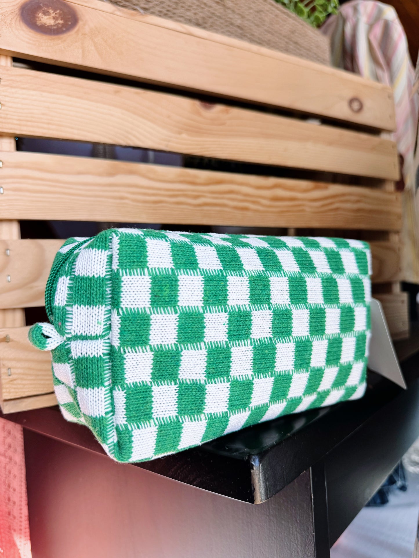 Green Checkered Cosmetic Pouch