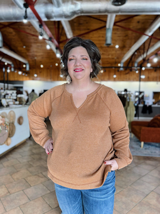 Curvy Camel Ribbed Notched Top